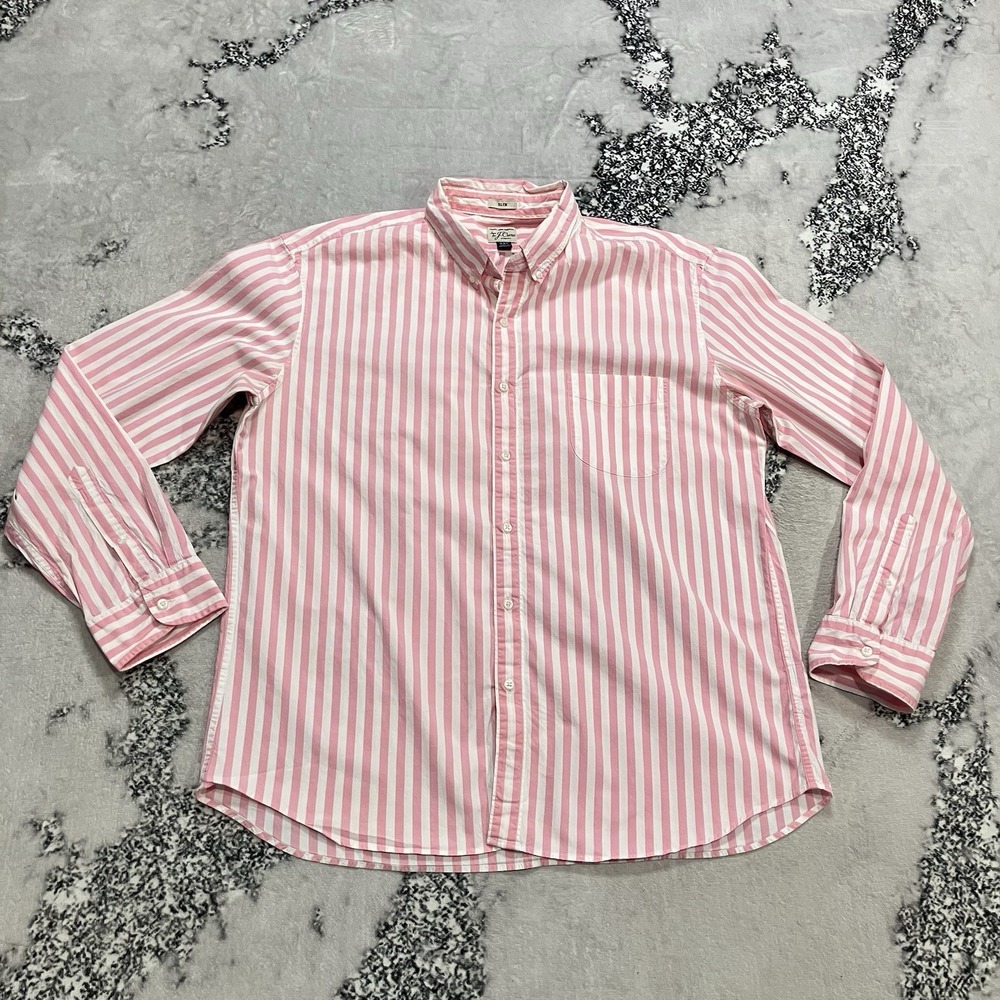 J Crew Shirt Pink White Stripe Mens Size‎ XXL Button Up Stretch Slim Fit